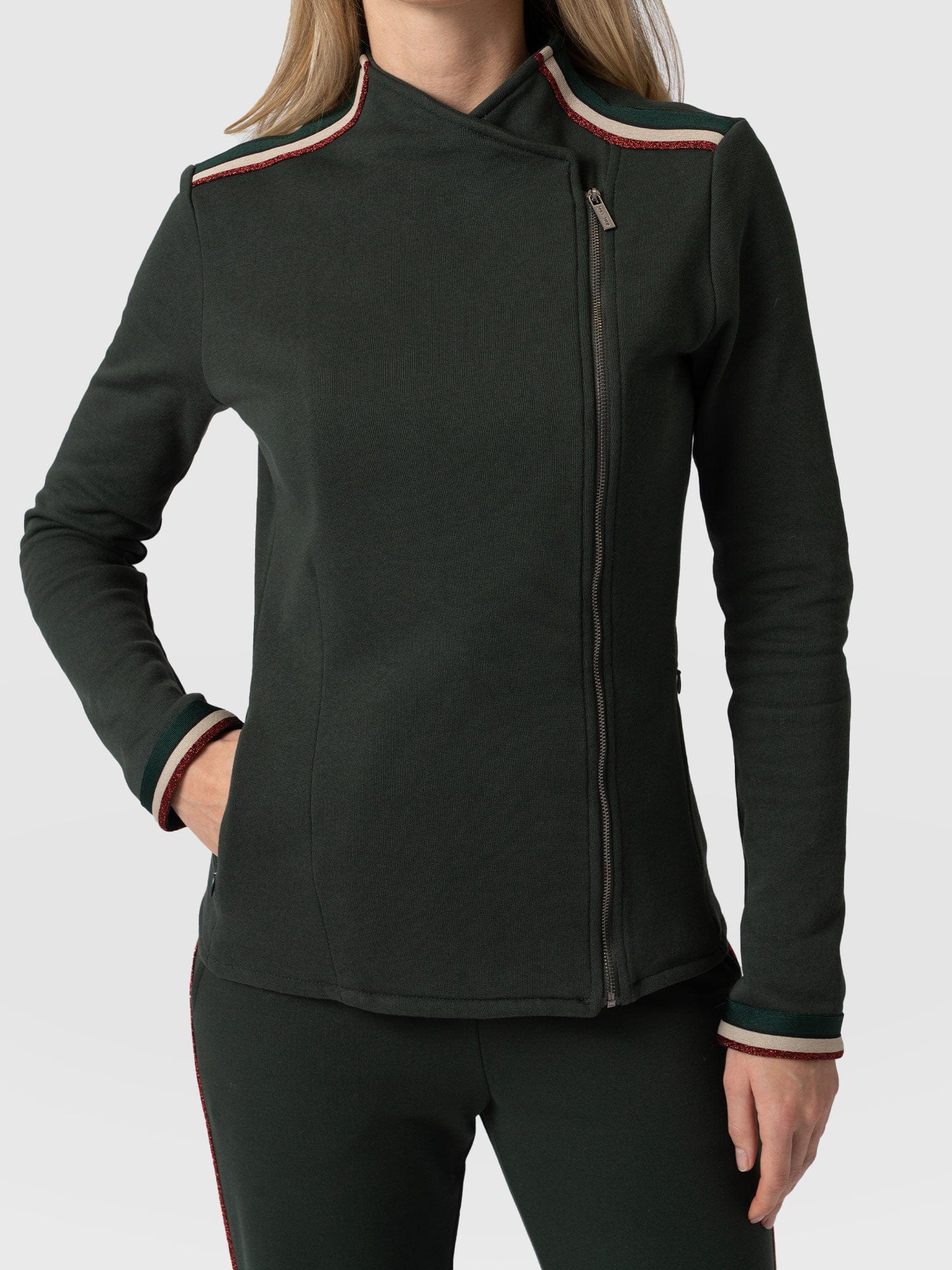 Cotton Biker Jacket - Bottle Green - Red Lurex Stripe